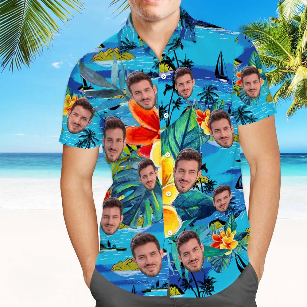 Men Custom Hawaiian Shirts With Leaves & Flowers Custom Beach Print Shirts Gifts For Him