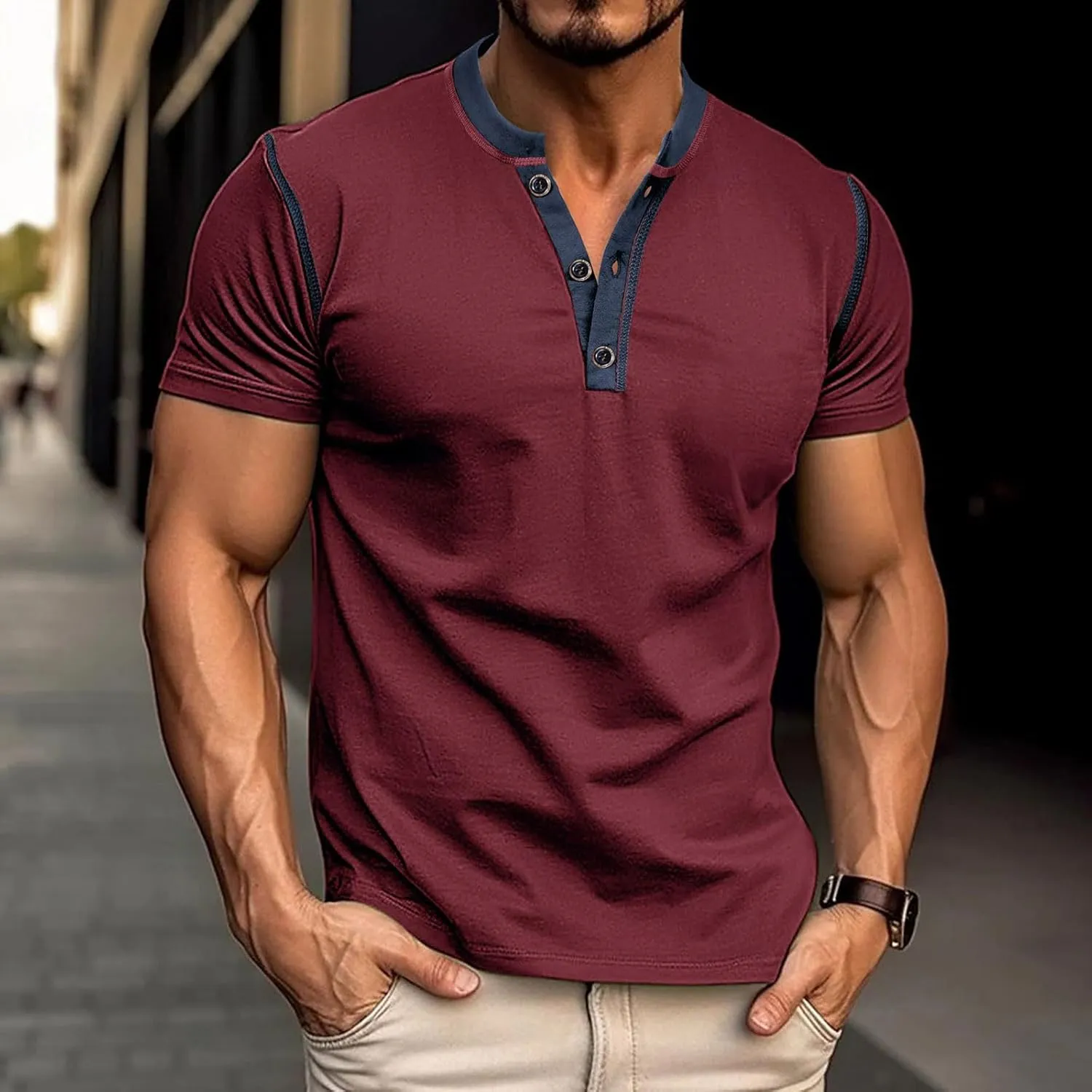Mens Fashion Henley Shirt Short Sleeve Lightweight Cotton Gym Workout Fitness T-Shirts Button Pullover Summer Tees