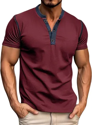 Mens Fashion Henley Shirt Short Sleeve Lightweight Cotton Gym Workout Fitness T-Shirts Button Pullover Summer Tees