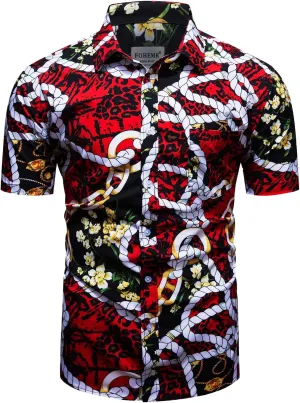Mens Luxury Shirts Black Gold Chain Print Dress Shirt Baroque Short Sleeve Casual Button Down Design buchona Shirts