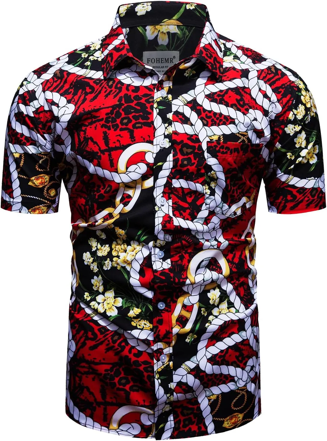 Mens Luxury Shirts Black Gold Chain Print Dress Shirt Baroque Short Sleeve Casual Button Down Design buchona Shirts