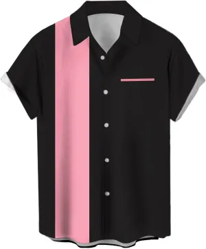 Men's Vintage Bowling Shirts 1950s Casual Short Sleeve Button Up Contrast Shirt Summer Color Block Cuban Shirts
