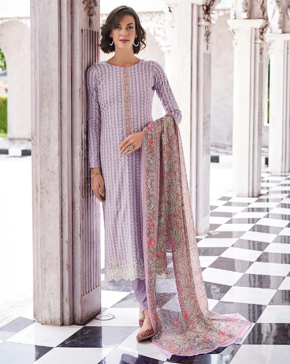 Mumtaz Arts Cotton Embroidered Unstitched Women Suit Fabric Purple