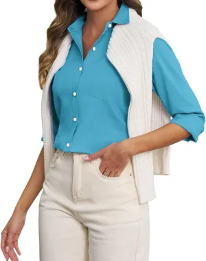 Oxford Shirts for Women Cotton Button Down Shirts Collared Fitted Work Office Blouses Business Top with Pockets