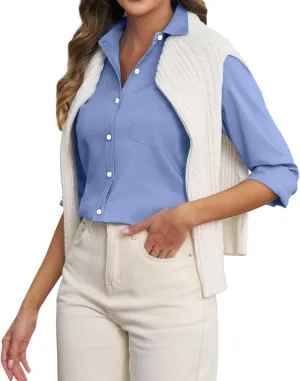 Oxford Shirts for Women Cotton Button Down Shirts Collared Fitted Work Office Blouses Business Top with Pockets