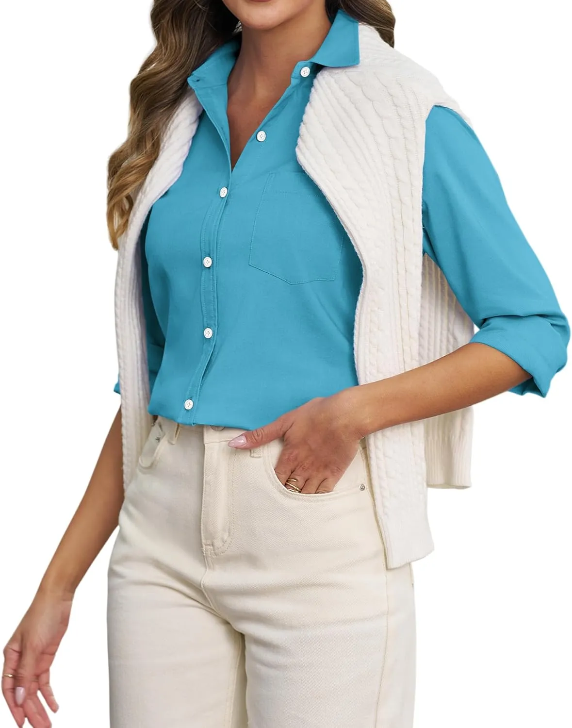 Oxford Shirts for Women Cotton Button Down Shirts Collared Fitted Work Office Blouses Business Top with Pockets
