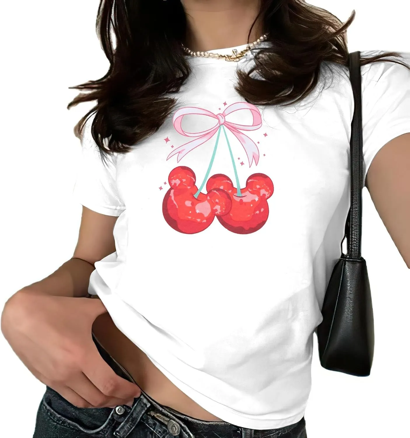 Pink Bow Cherries Shirt Women: Coquette Tops Clean Girl Aesthetic Shirts Casual Summer Short Sleeve Tshirt