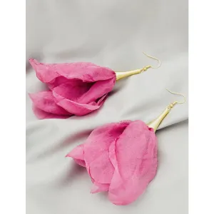 Pom-Pom Chiffon Flower Drop Earrings - Rose Pink / Beige