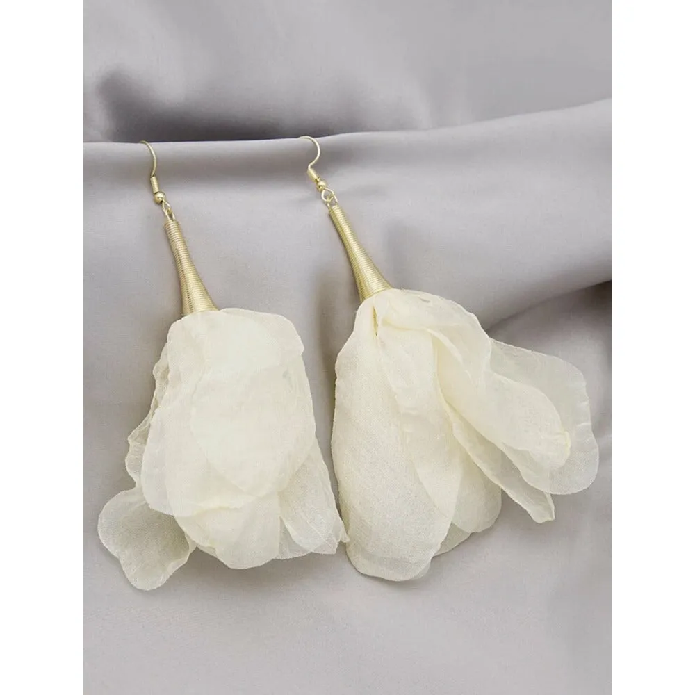 Pom-Pom Chiffon Flower Drop Earrings - Rose Pink / Beige