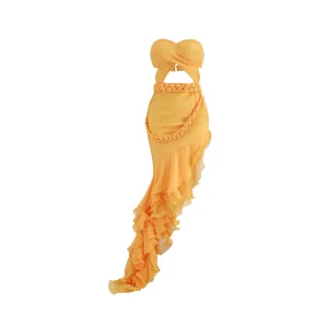 Pre Order:  Strapless Slim Fit Braided Cut Out Ruffle Edge Dress