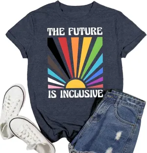 Pride T Shirts for Women Rainbow Tee LGBT The Future is Inclusive Letter Print Short Sleeve LGBTQ Support Casual Tops,Blue