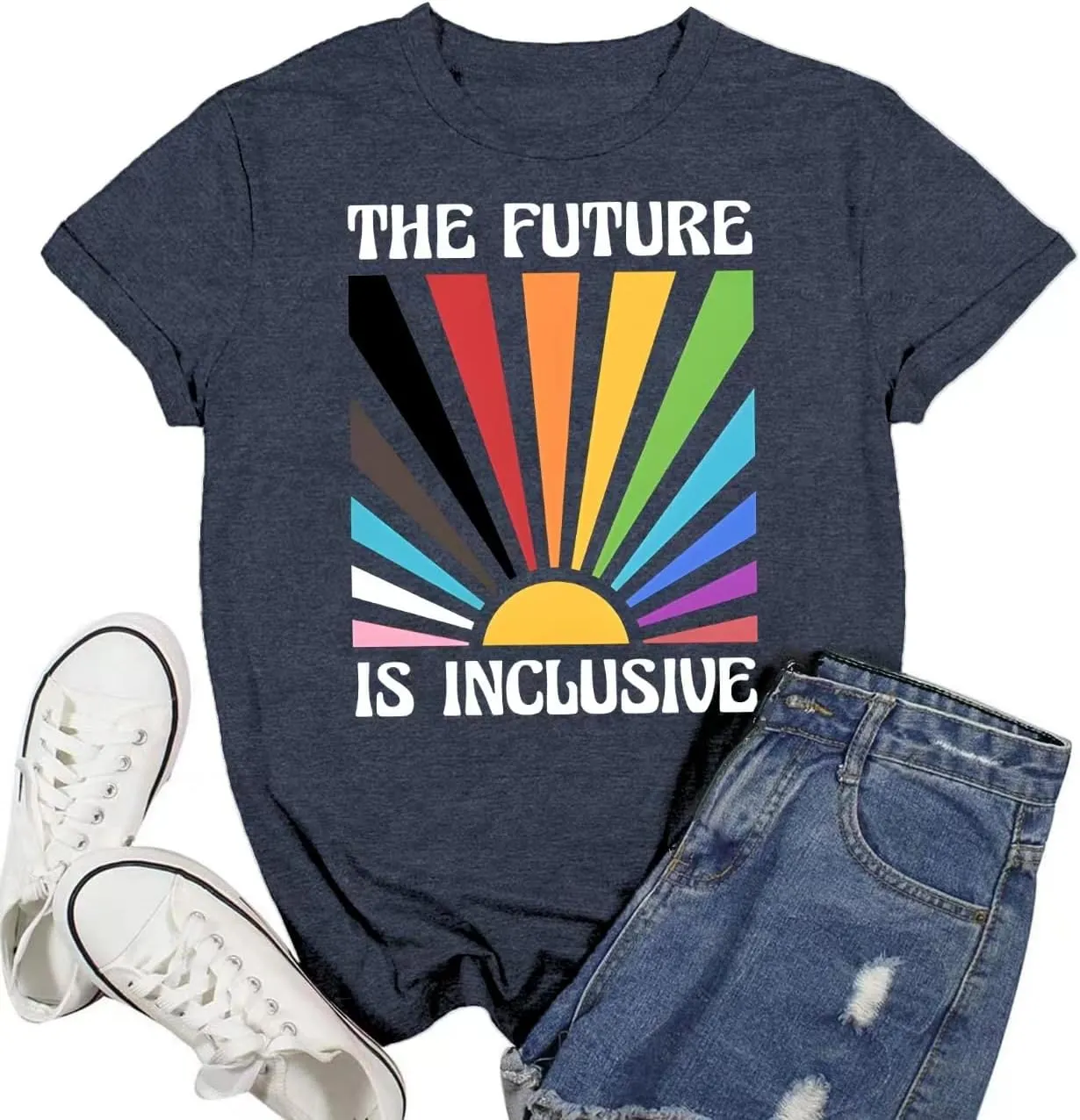 Pride T Shirts for Women Rainbow Tee LGBT The Future is Inclusive Letter Print Short Sleeve LGBTQ Support Casual Tops,Blue