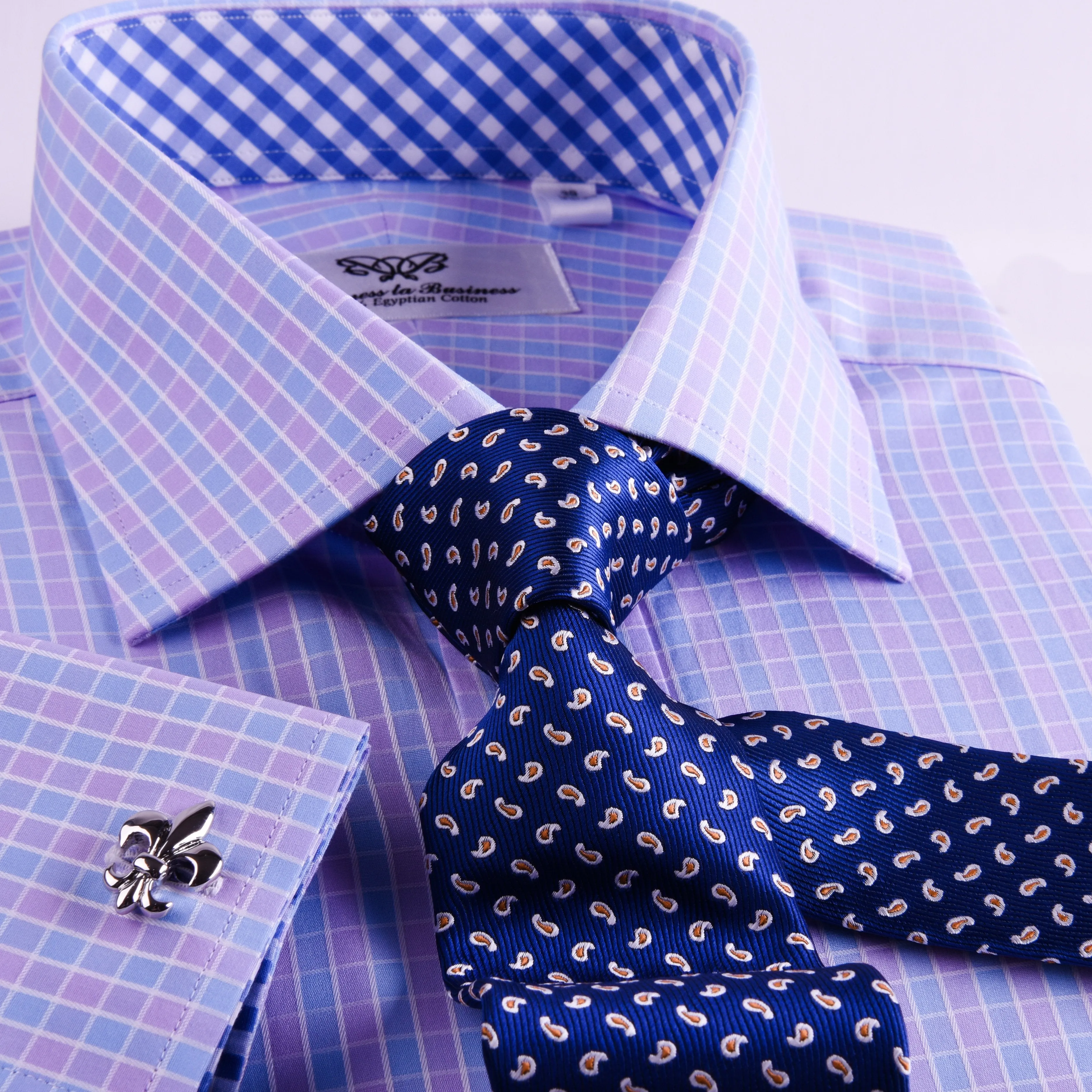 Purple Blue Designer Checkered Formal Business Dress Shirt With Blue Check Inner Lining