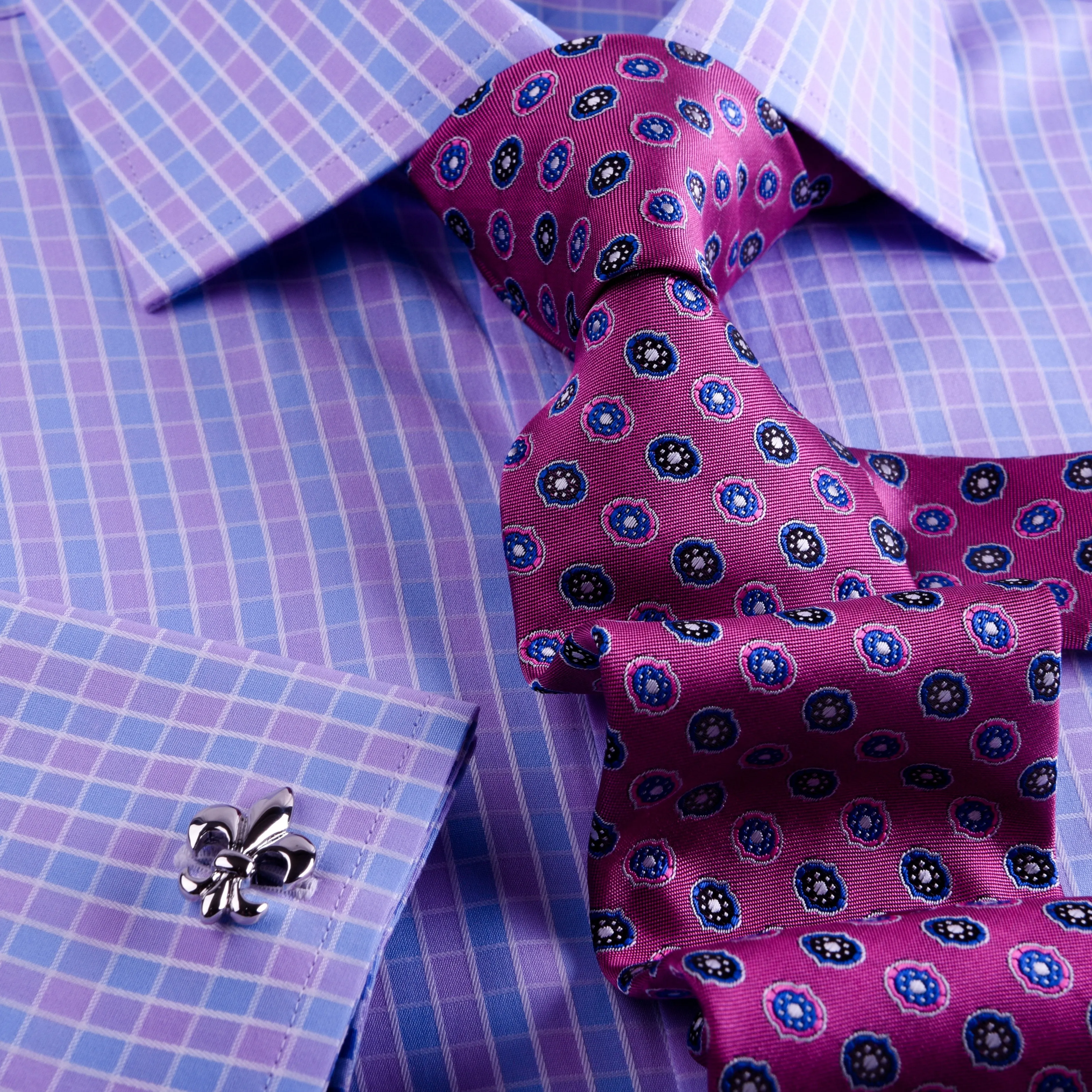 Purple Blue Designer Checkered Formal Business Dress Shirt With Blue Check Inner Lining