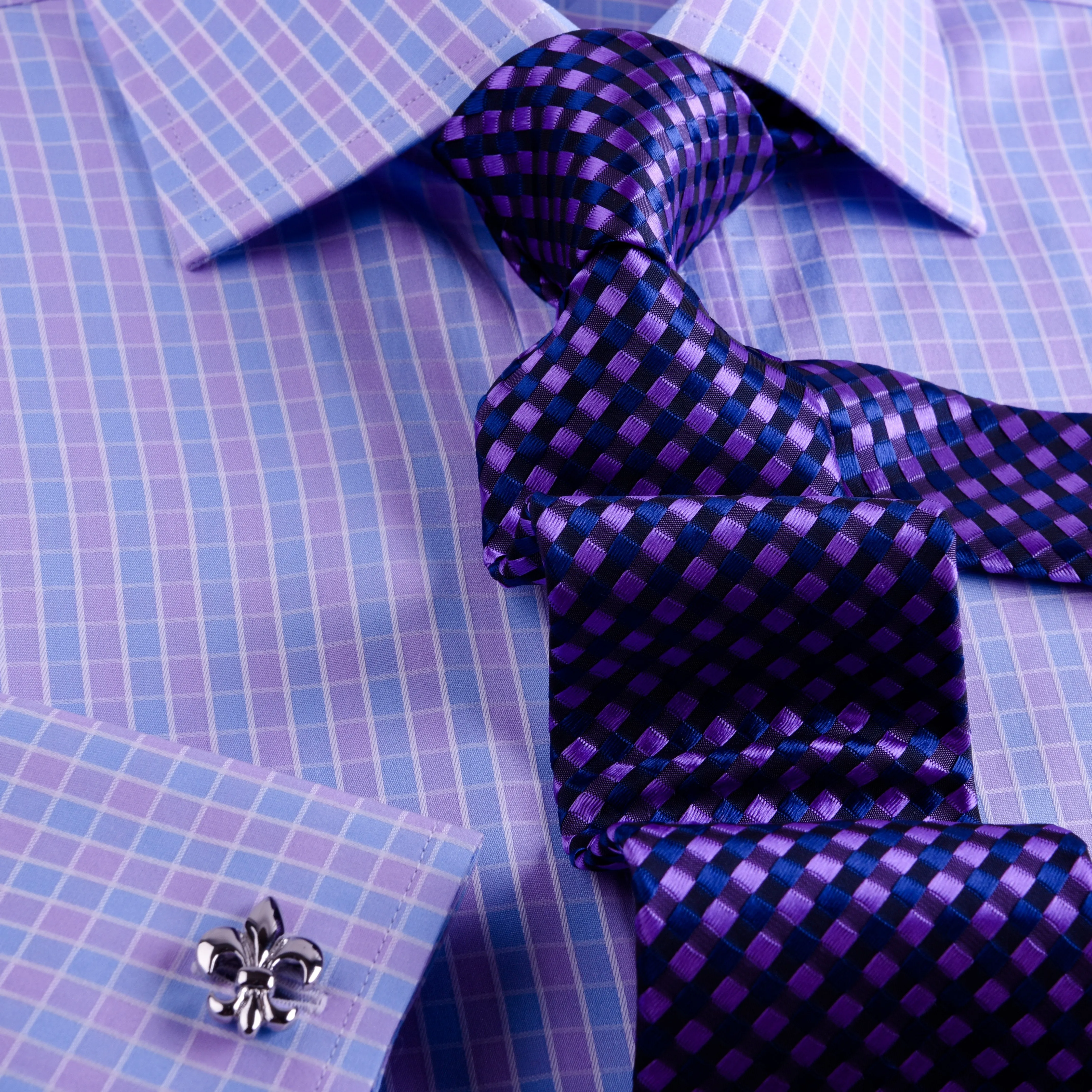Purple Blue Designer Checkered Formal Business Dress Shirt With Blue Check Inner Lining