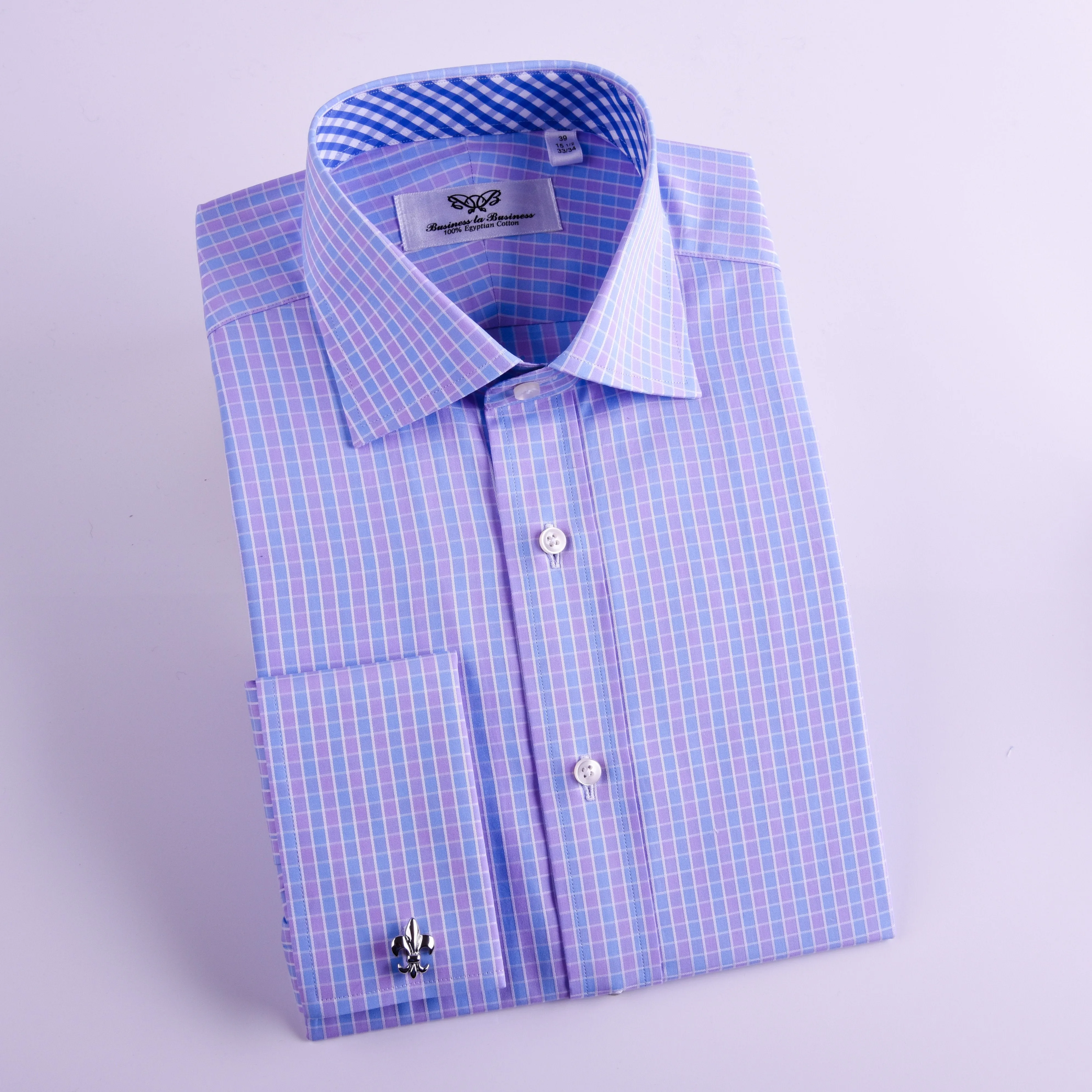 Purple Blue Designer Checkered Formal Business Dress Shirt With Blue Check Inner Lining