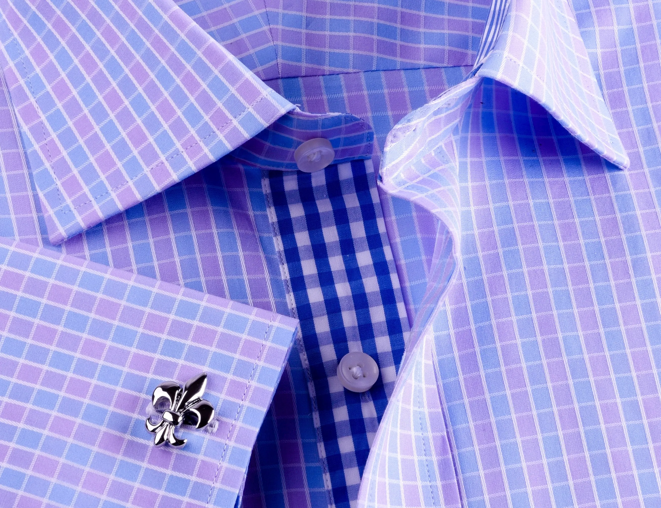 Purple Blue Designer Checkered Formal Business Dress Shirt With Blue Check Inner Lining