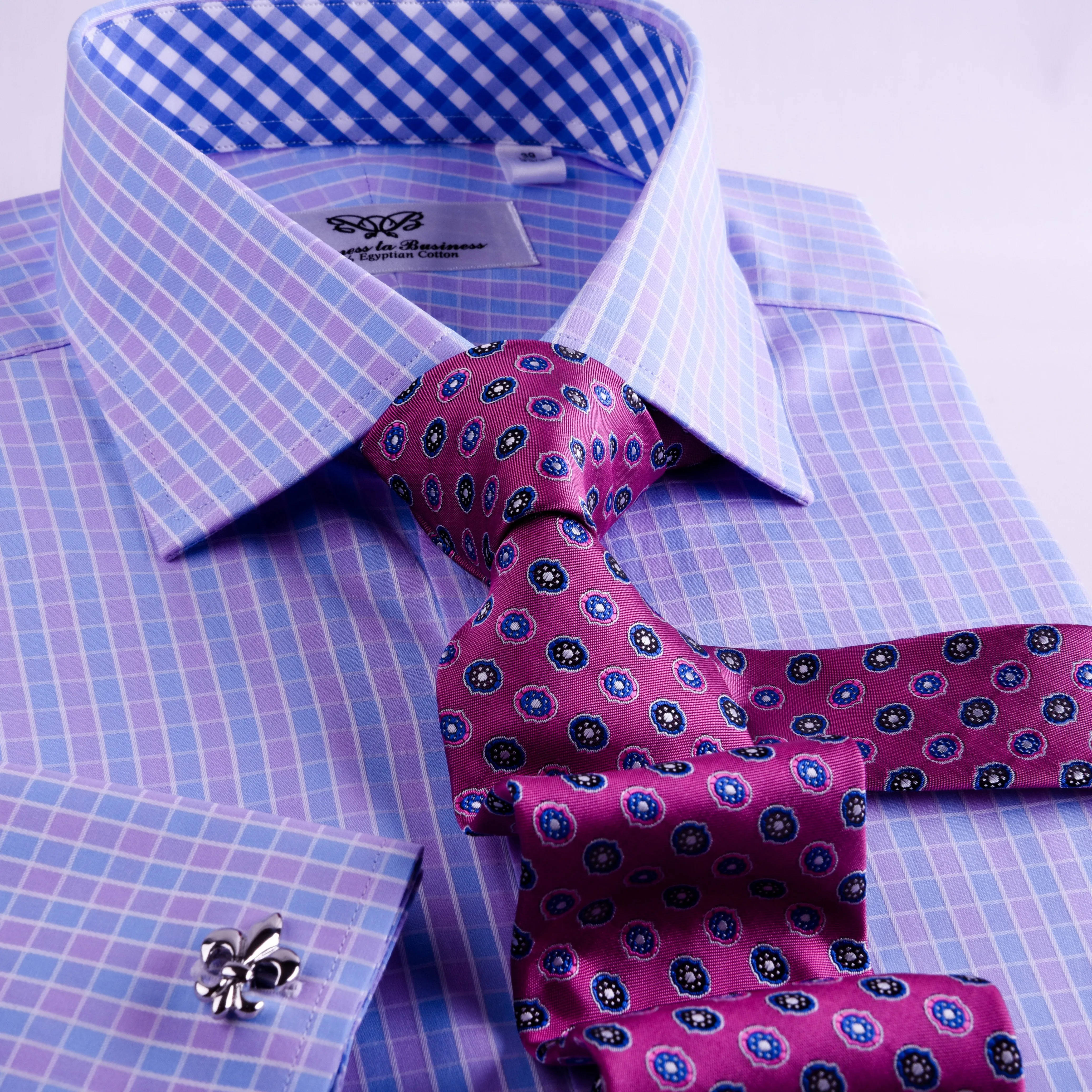 Purple Blue Designer Checkered Formal Business Dress Shirt With Blue Check Inner Lining