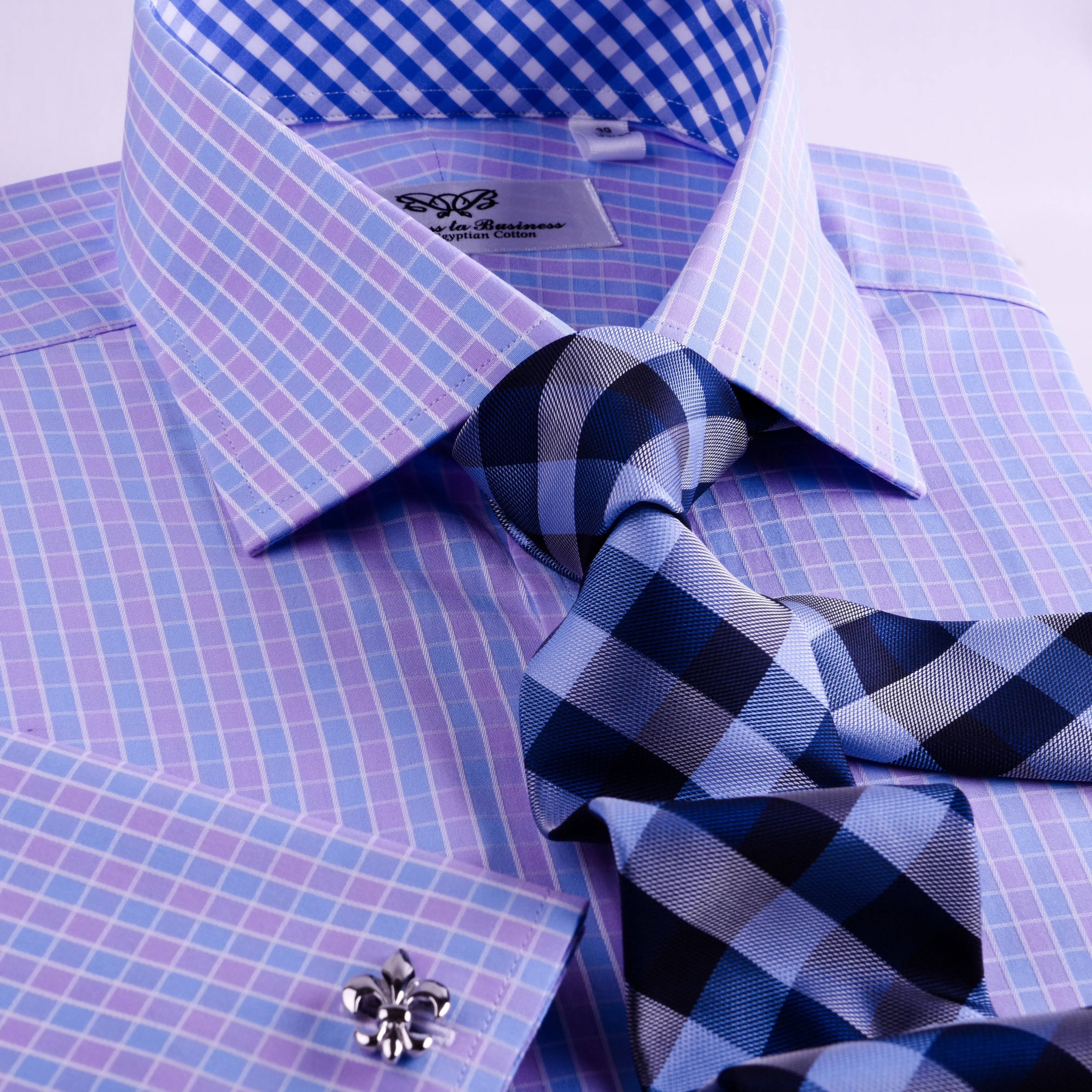 Purple Blue Designer Checkered Formal Business Dress Shirt With Blue Check Inner Lining