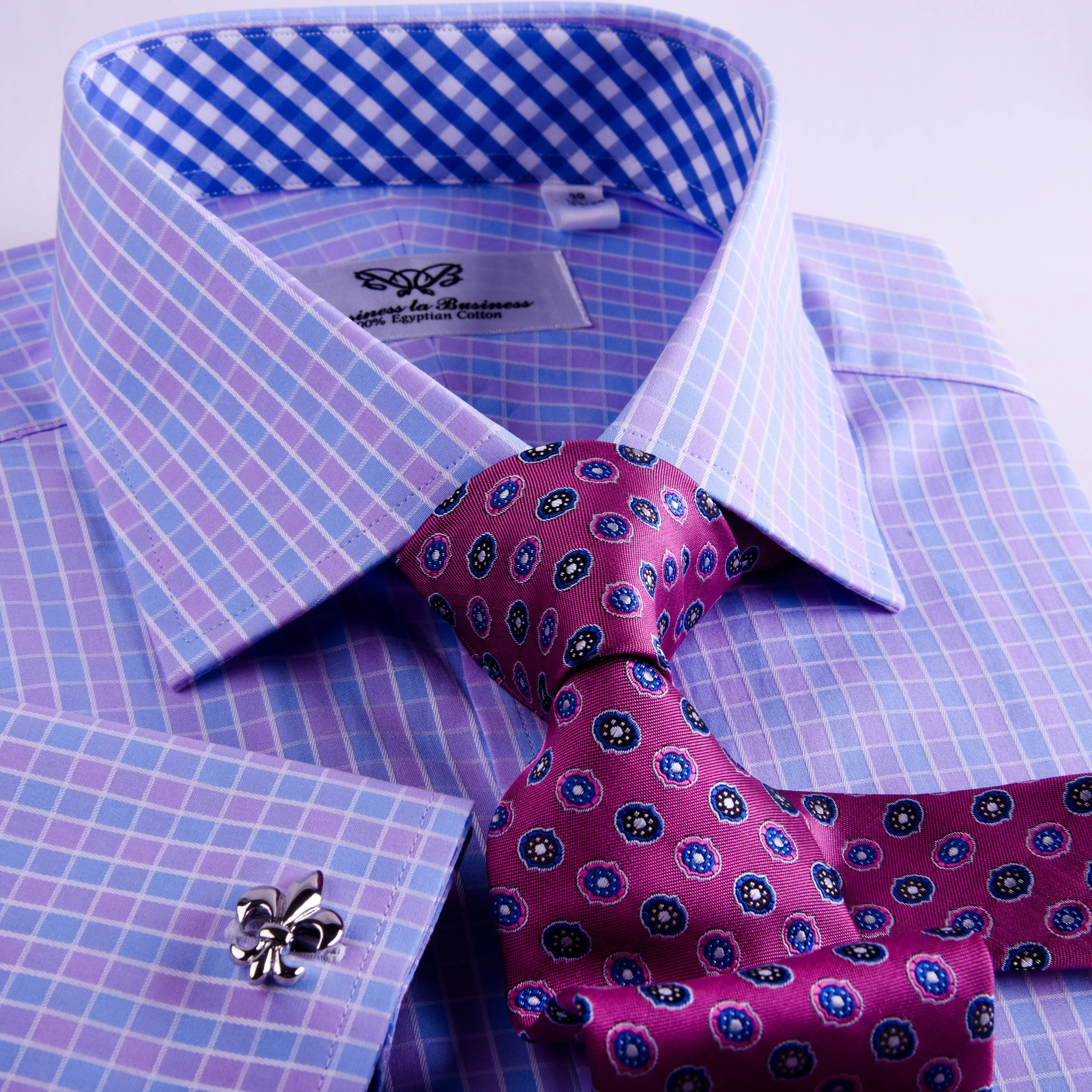 Purple Blue Designer Checkered Formal Business Dress Shirt With Blue Check Inner Lining