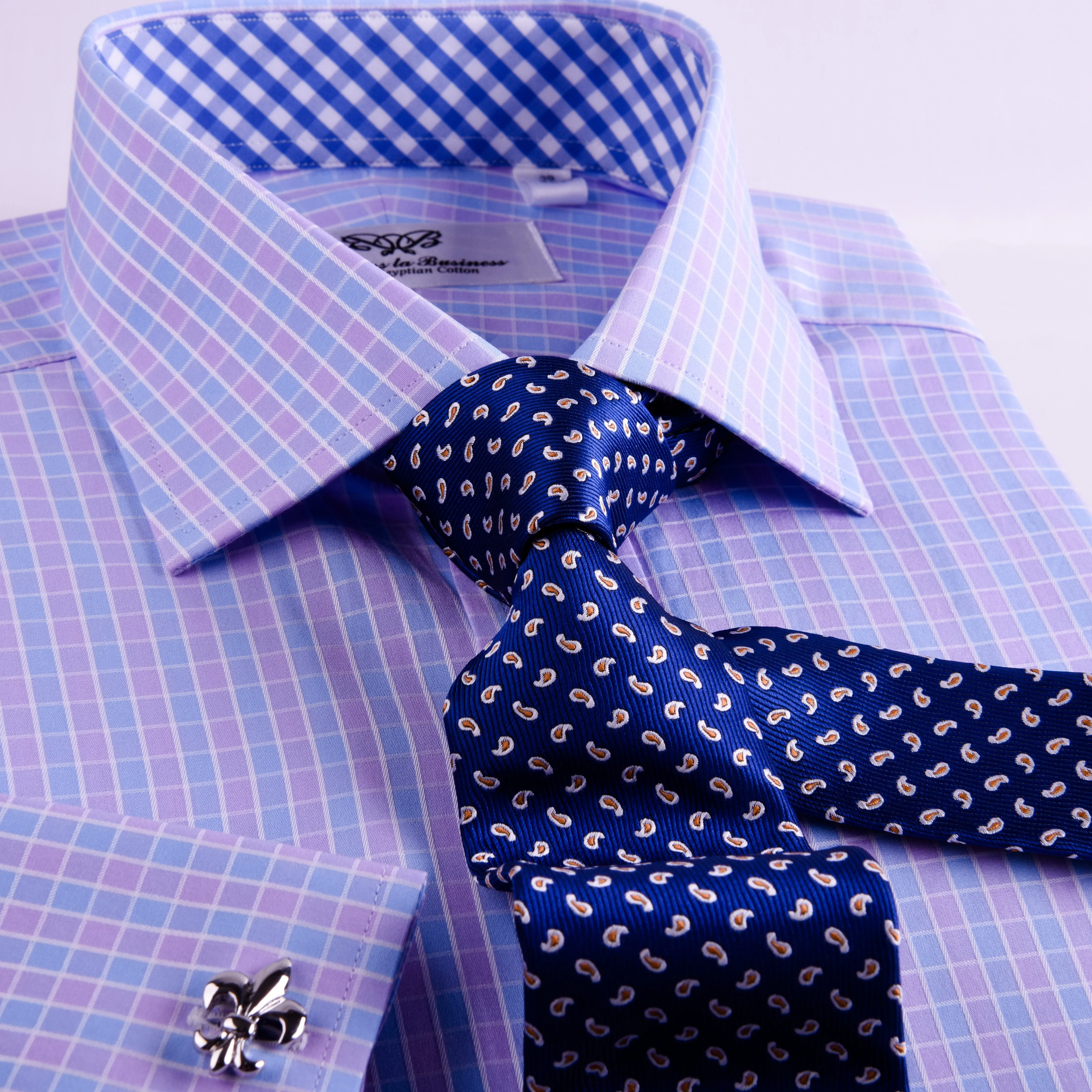 Purple Blue Designer Checkered Formal Business Dress Shirt With Blue Check Inner Lining