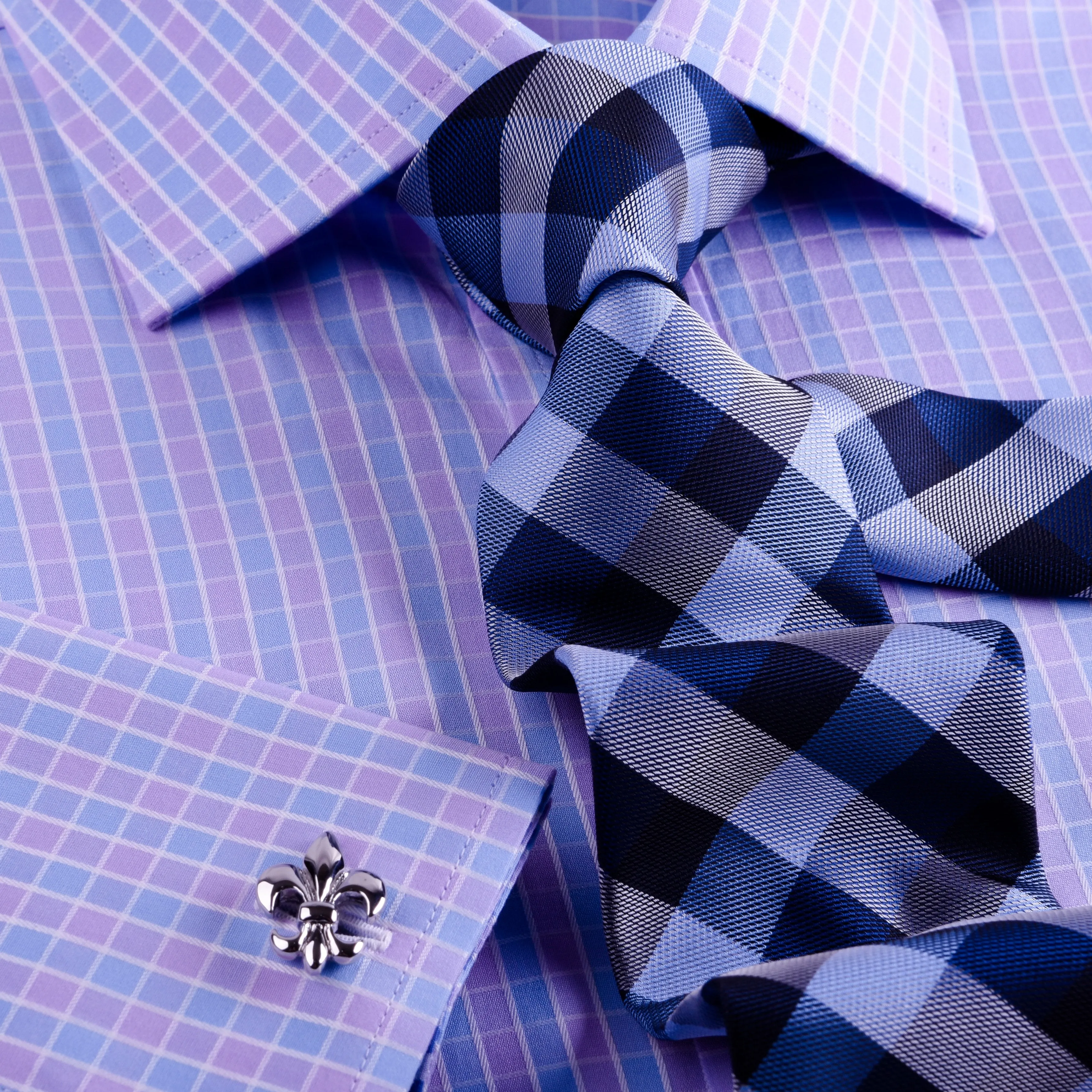 Purple Blue Designer Checkered Formal Business Dress Shirt With Blue Check Inner Lining