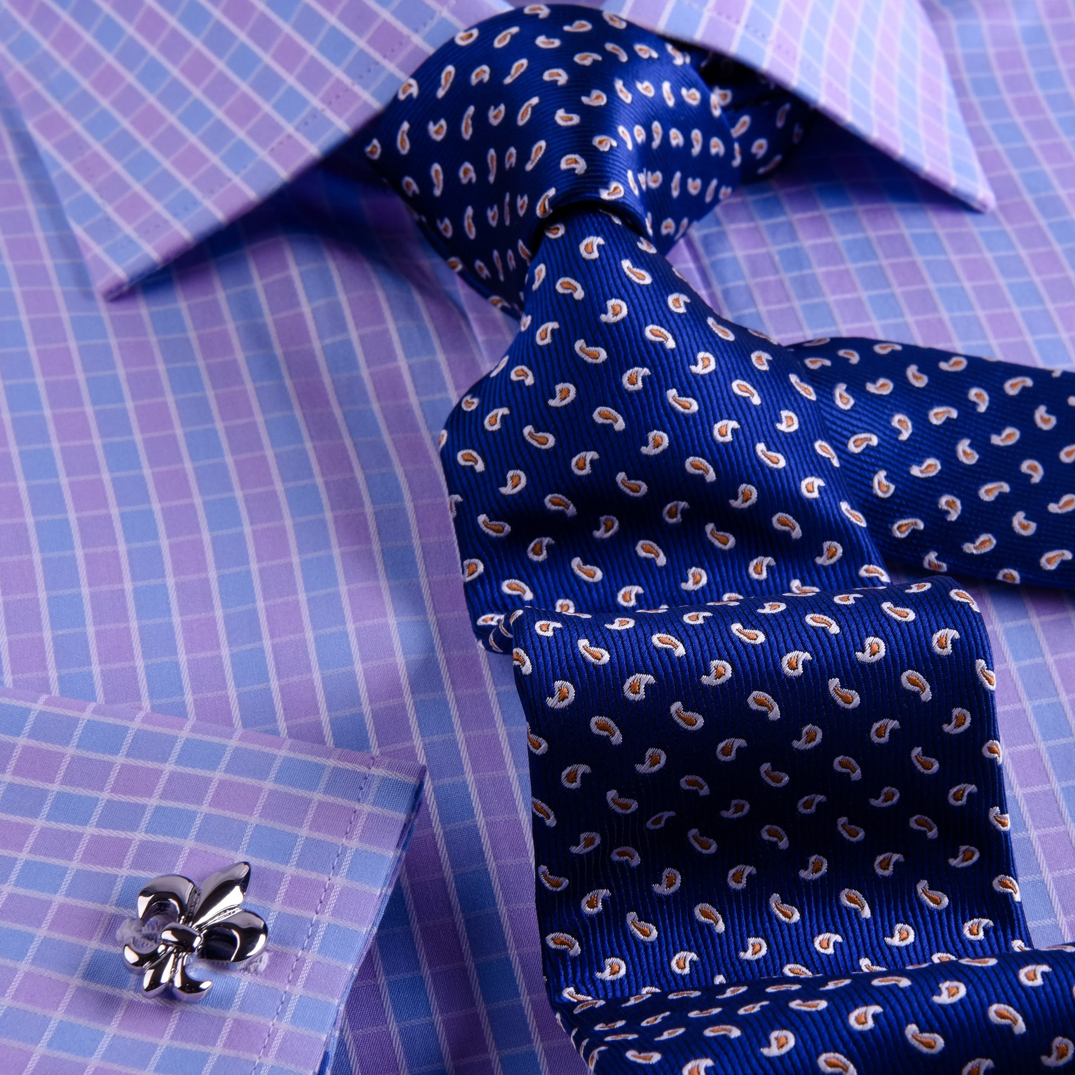 Purple Blue Designer Checkered Formal Business Dress Shirt With Blue Check Inner Lining