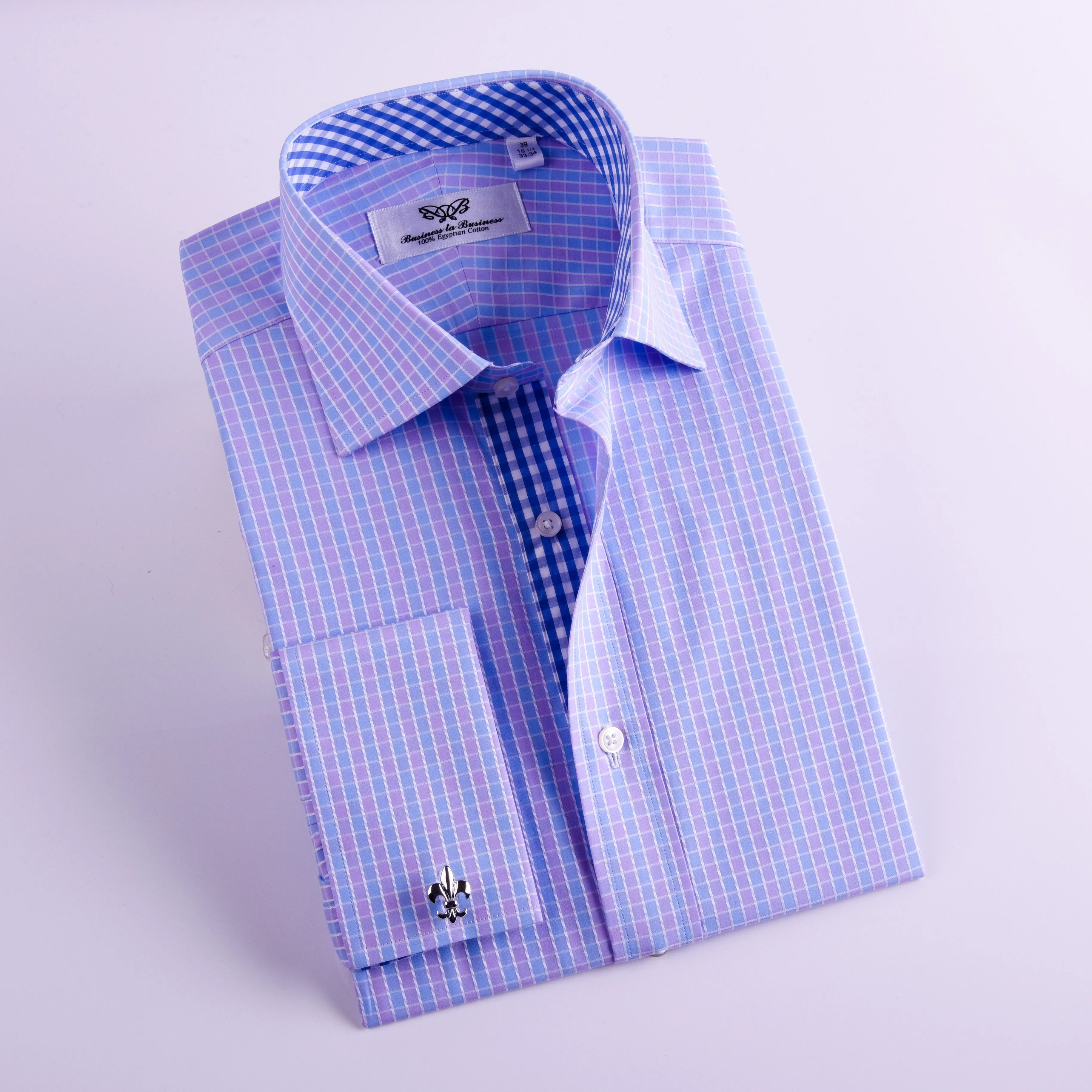 Purple Blue Designer Checkered Formal Business Dress Shirt With Blue Check Inner Lining