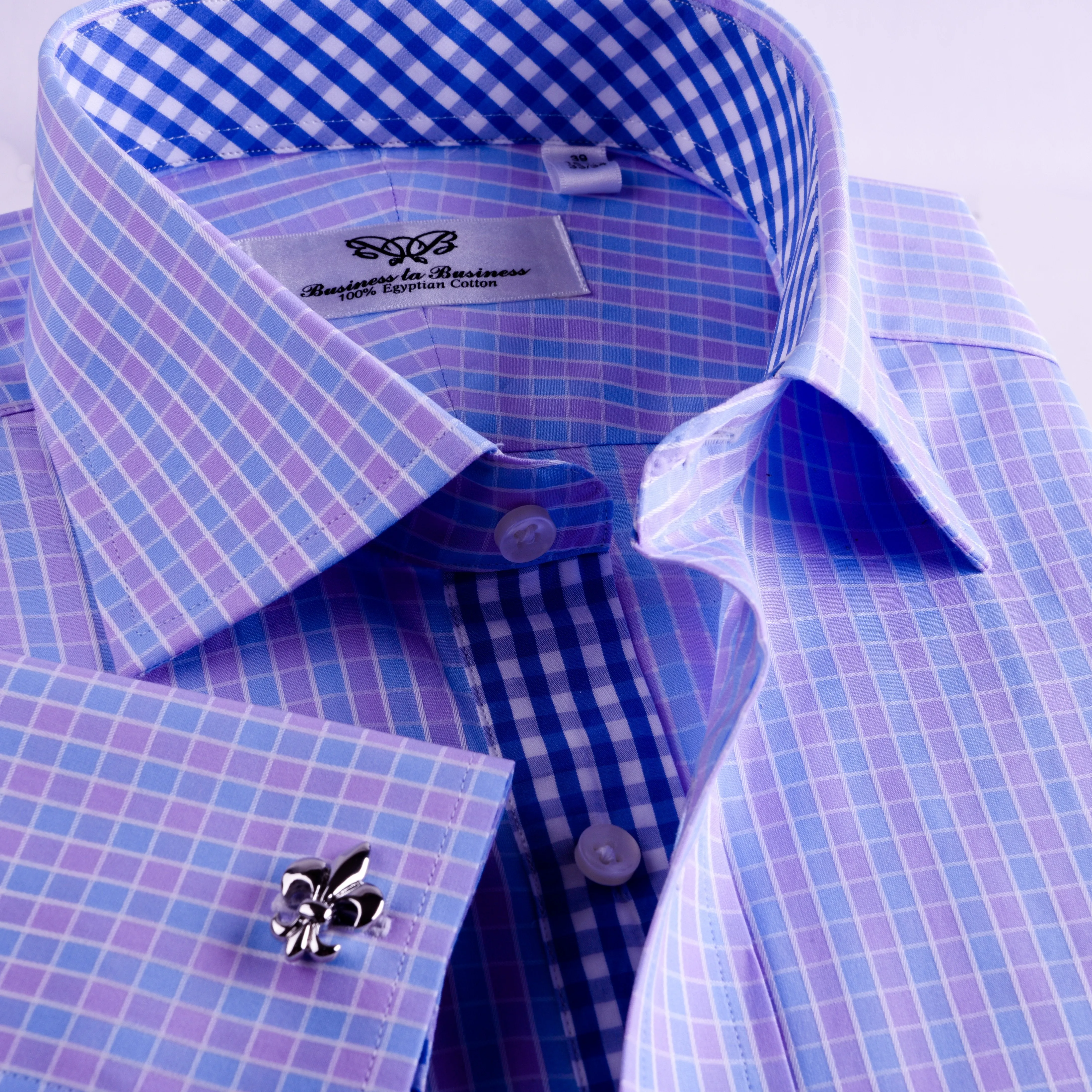 Purple Blue Designer Checkered Formal Business Dress Shirt With Blue Check Inner Lining