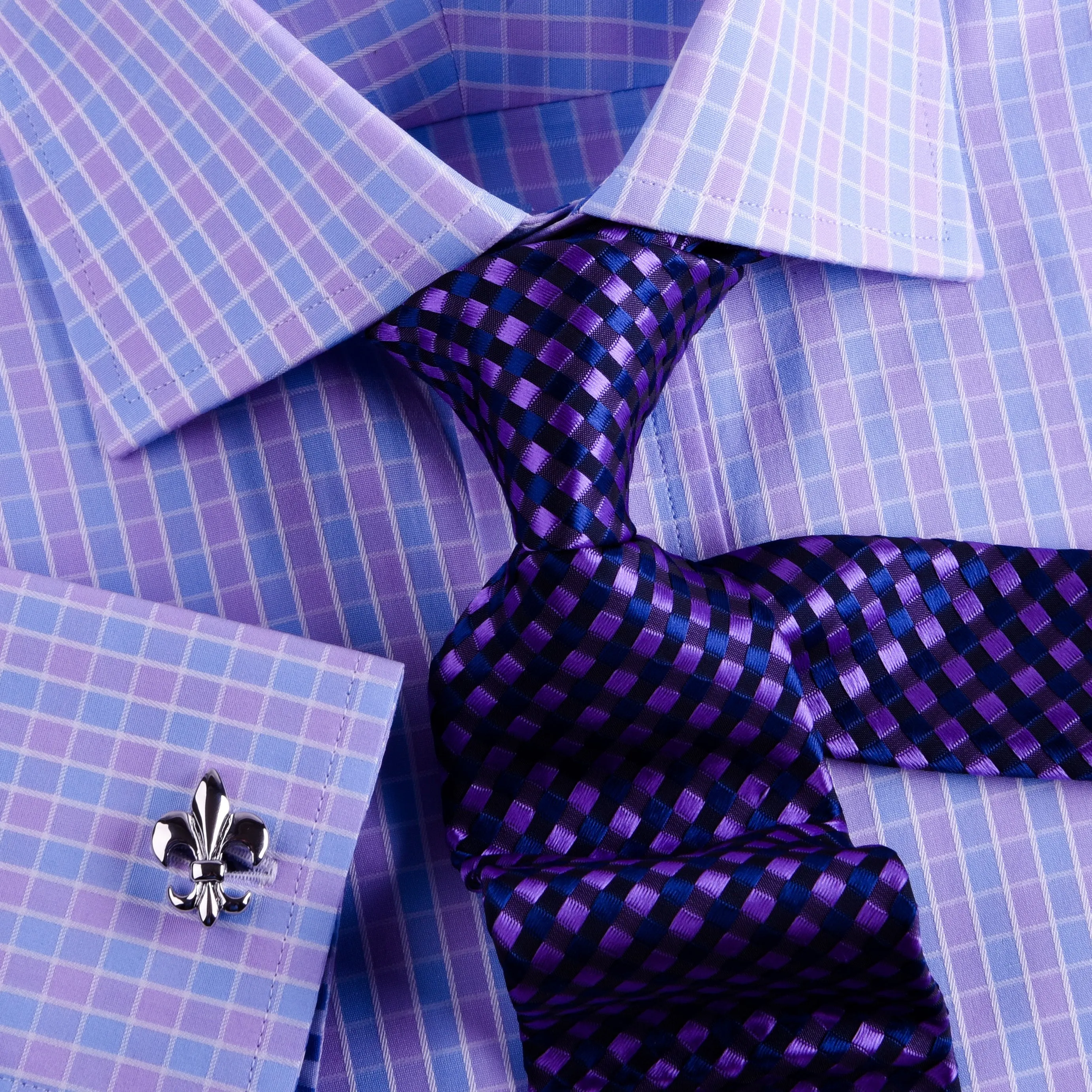 Purple Blue Designer Checkered Formal Business Dress Shirt With Blue Check Inner Lining