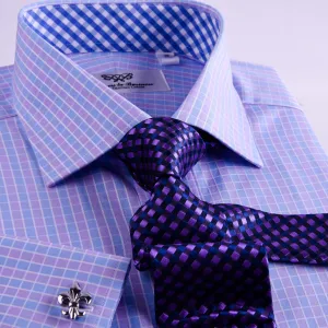 Purple Blue Designer Checkered Formal Business Dress Shirt With Blue Check Inner Lining