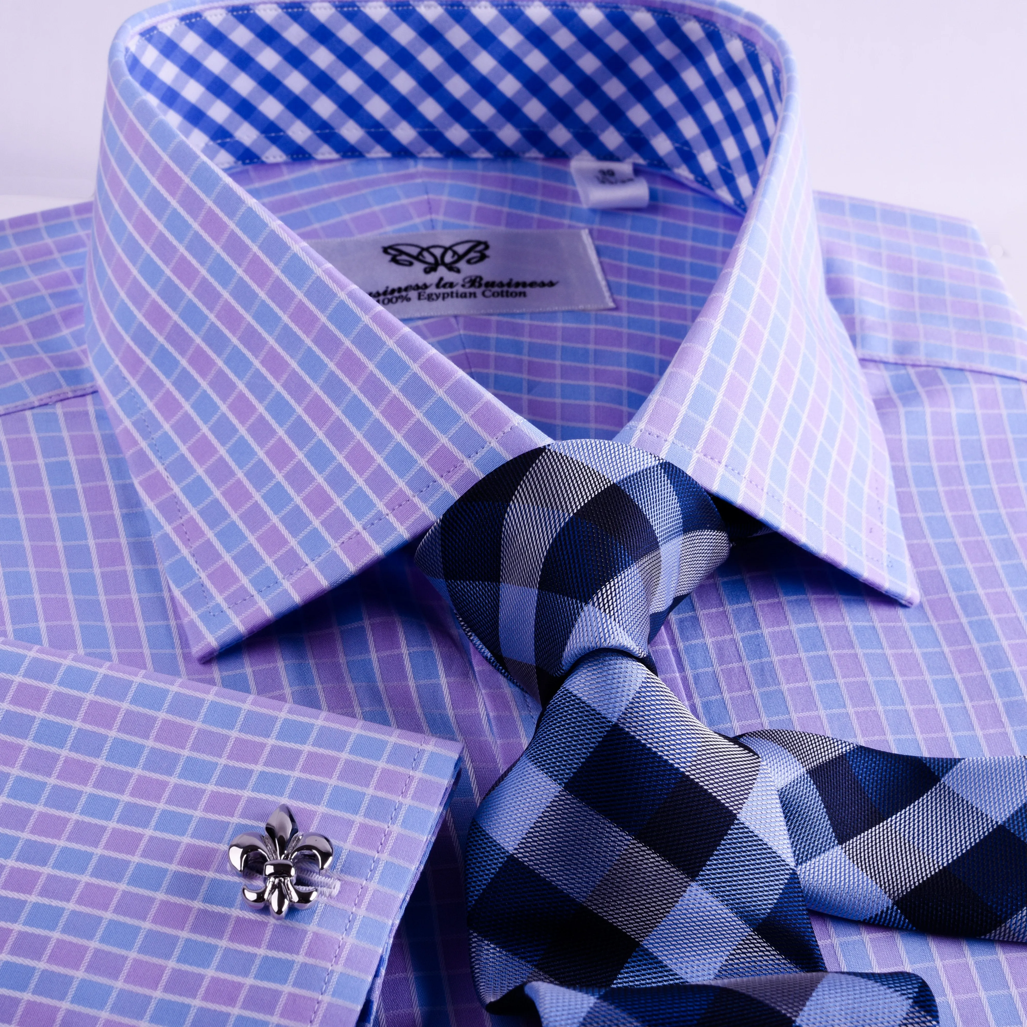 Purple Blue Designer Checkered Formal Business Dress Shirt With Blue Check Inner Lining