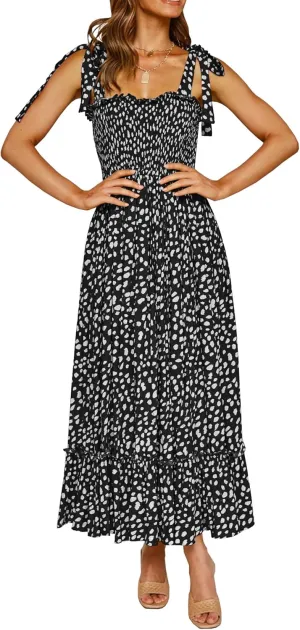 R.Vivimos Women's Summer Straps Cotton Irregular Polka Dot Ruffles Midi Dress