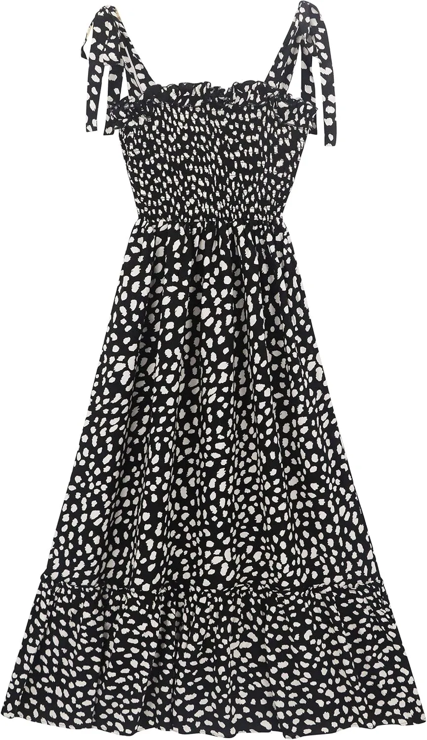 R.Vivimos Women's Summer Straps Cotton Irregular Polka Dot Ruffles Midi Dress