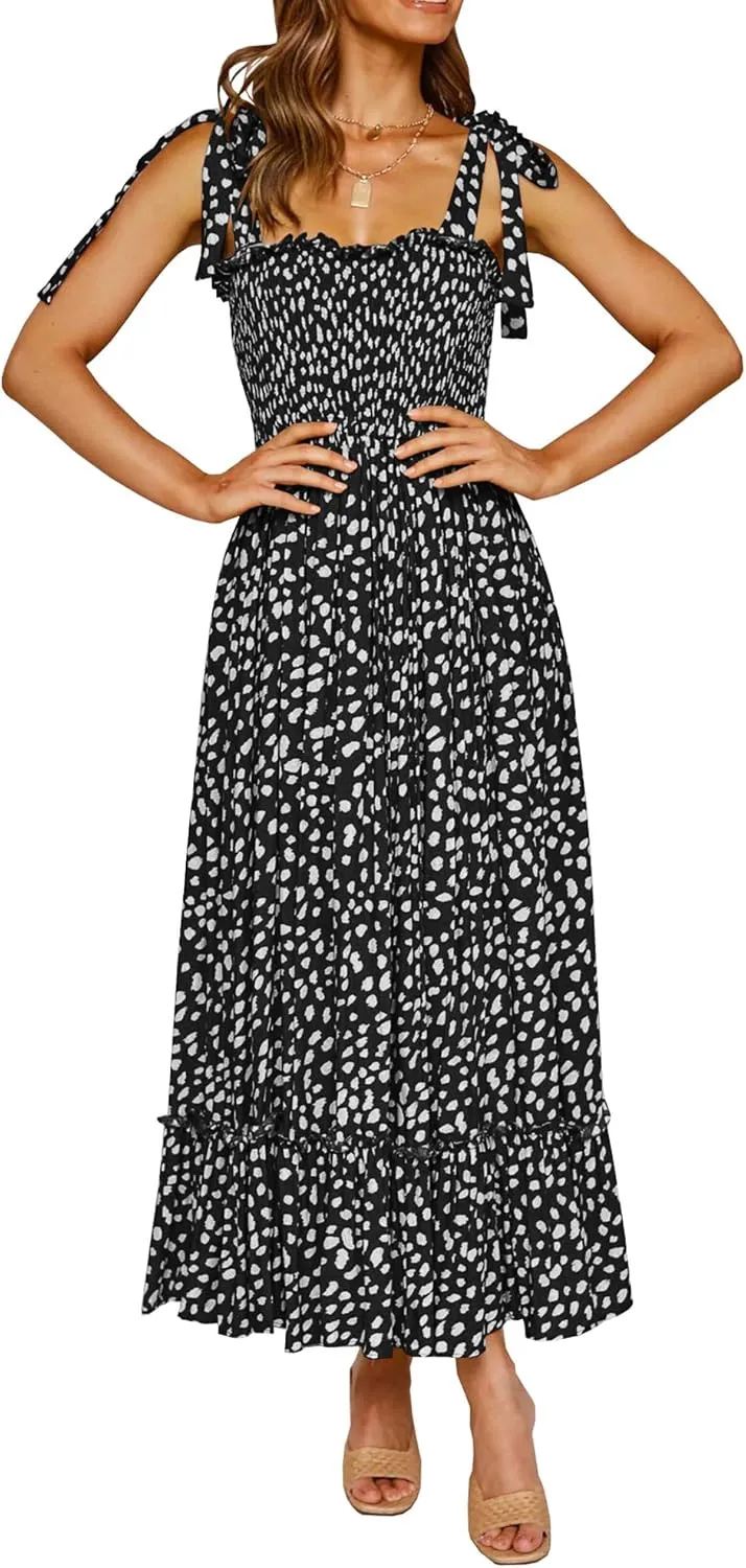 R.Vivimos Women's Summer Straps Cotton Irregular Polka Dot Ruffles Midi Dress