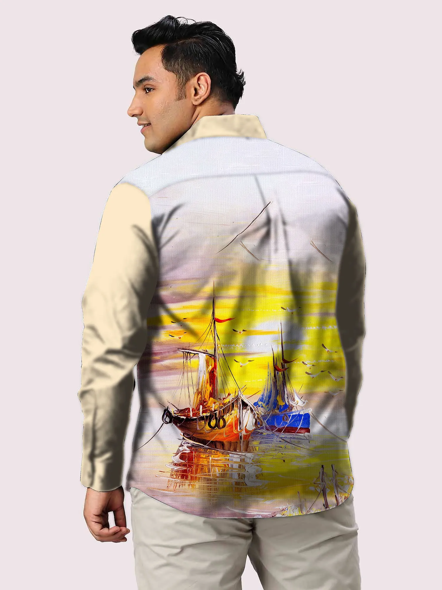 Sailing Ship Printed Party Wear Shirts Men's Plus Size