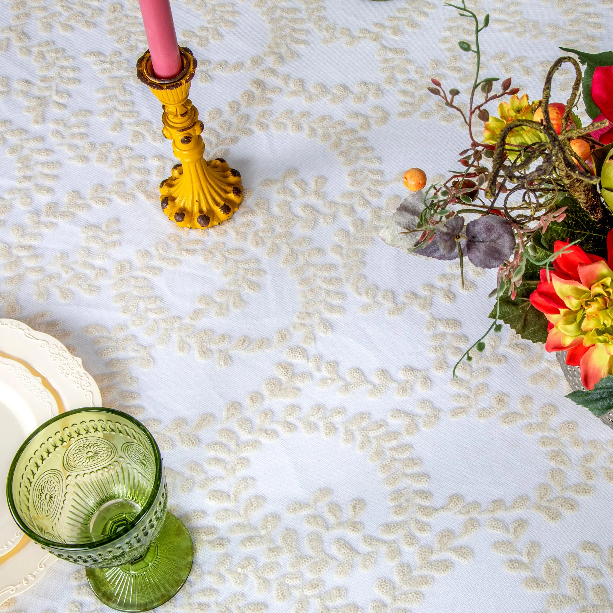 Sequin Vine Tablecloth Overlay 90"x132" Rectangle  - Light Ivory/Off White