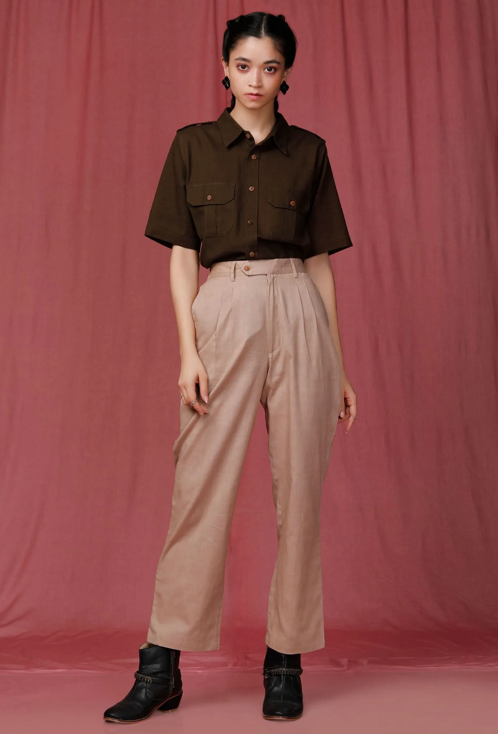 Set of 2: Olive Green Plain Linen Pocket Shirt with Brown Plain Linen Pant