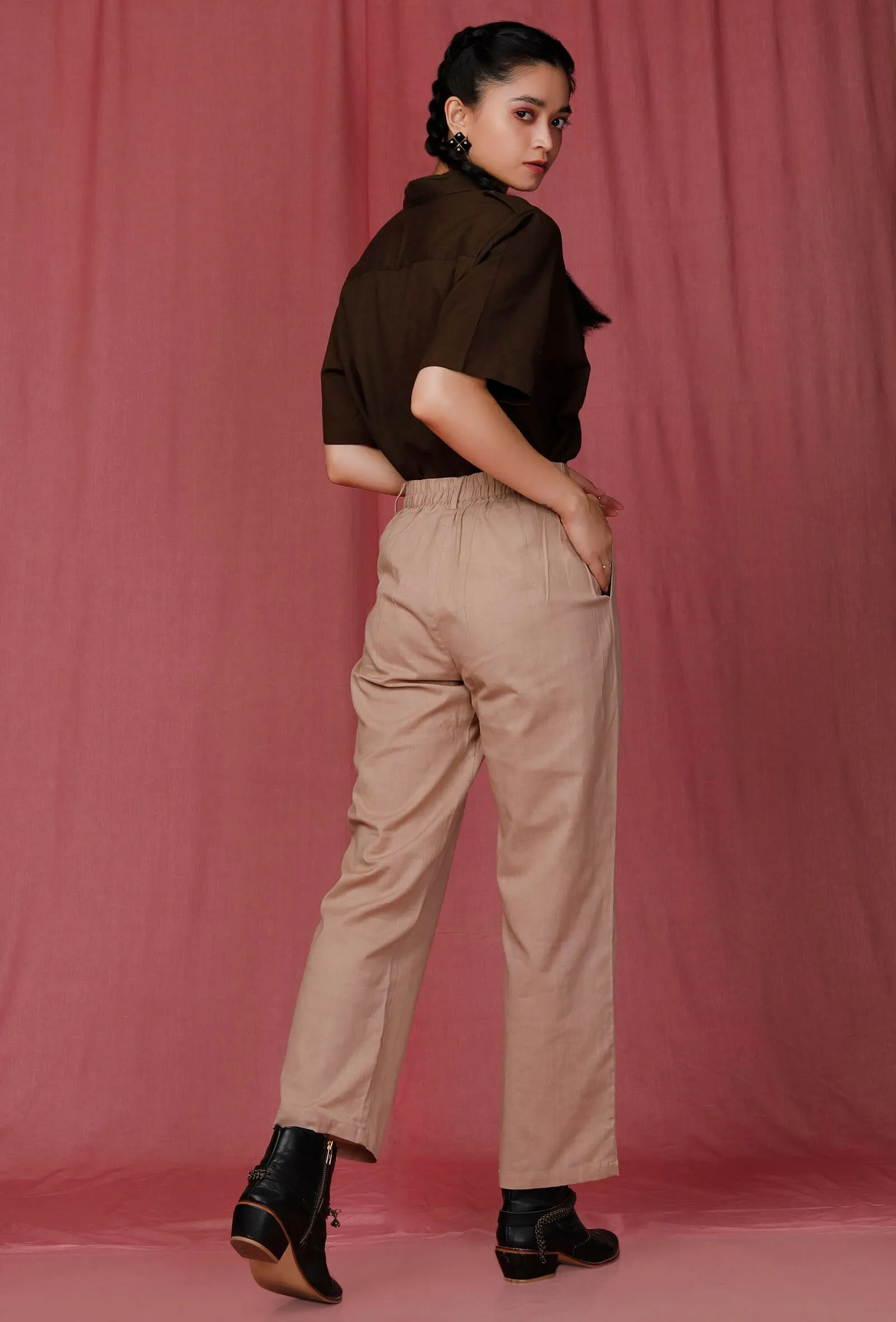 Set of 2: Olive Green Plain Linen Pocket Shirt with Brown Plain Linen Pant