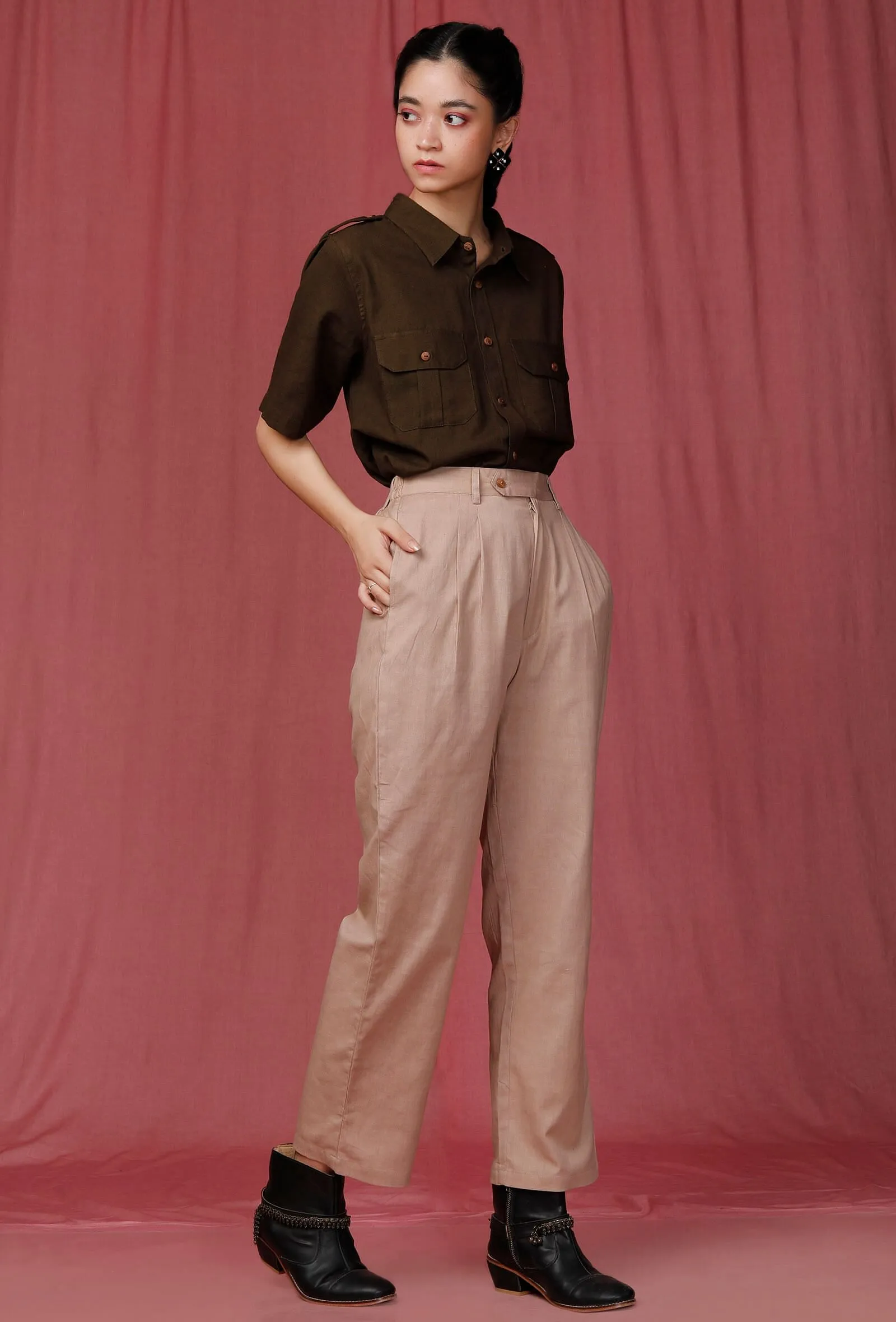 Set of 2: Olive Green Plain Linen Pocket Shirt with Brown Plain Linen Pant