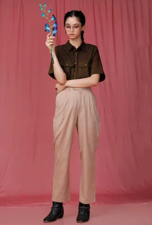 Set of 2: Olive Green Plain Linen Pocket Shirt with Brown Plain Linen Pant