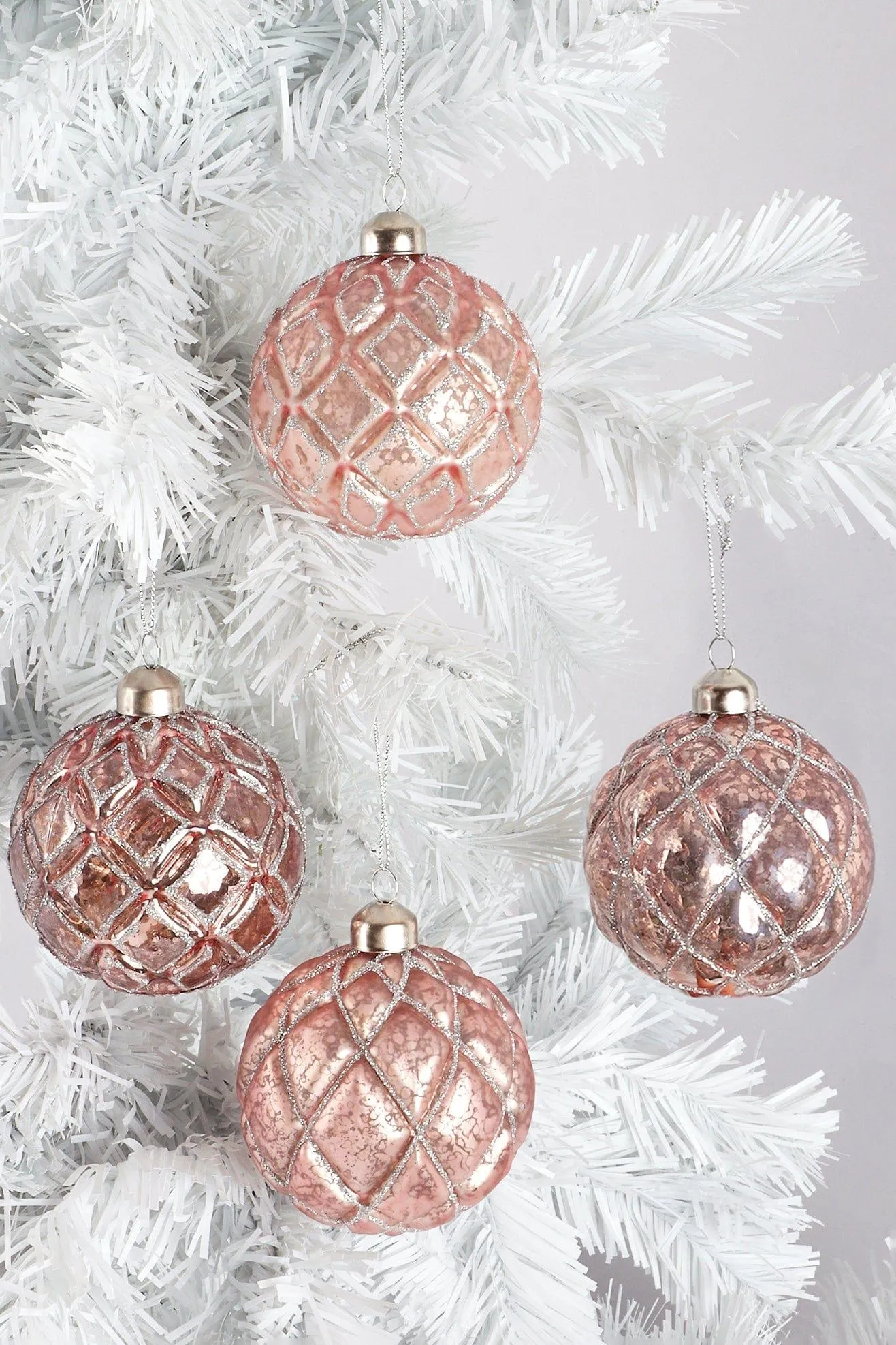 Set of 4 Glass Elegant Pink Christmas Tree Baubles with Silver Glitter Patterns