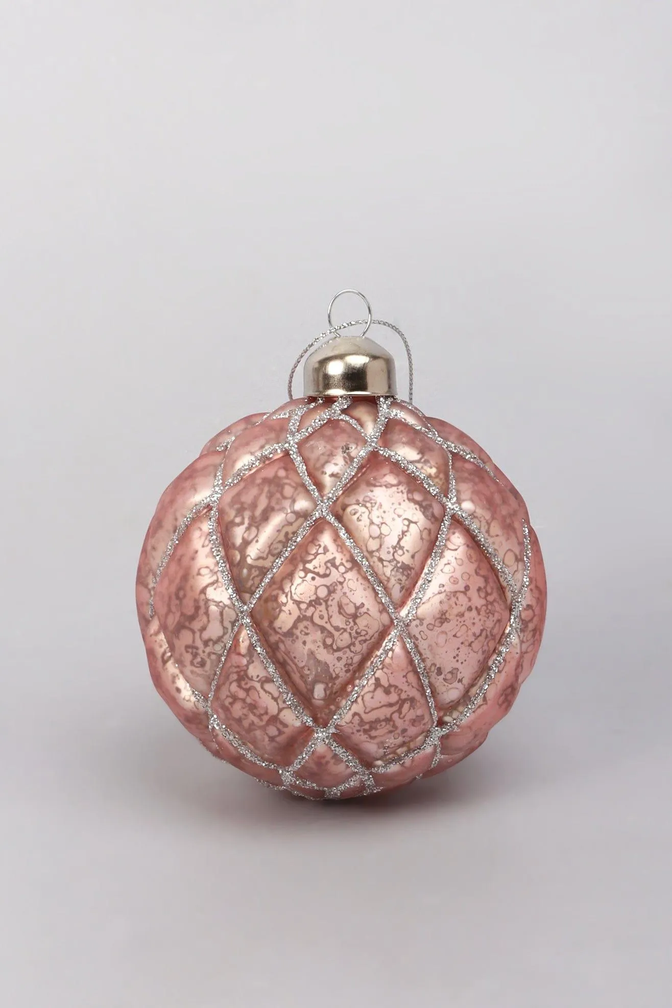 Set of 4 Glass Elegant Pink Christmas Tree Baubles with Silver Glitter Patterns