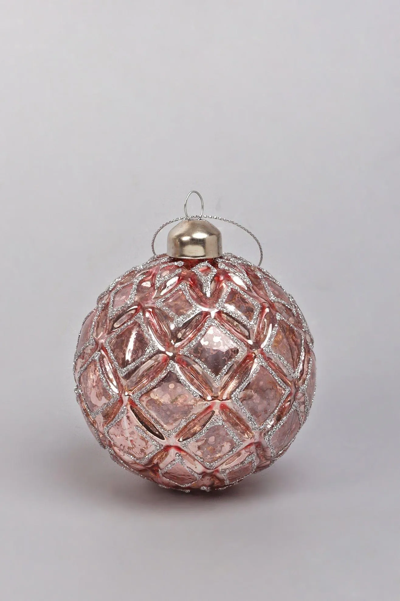 Set of 4 Glass Elegant Pink Christmas Tree Baubles with Silver Glitter Patterns