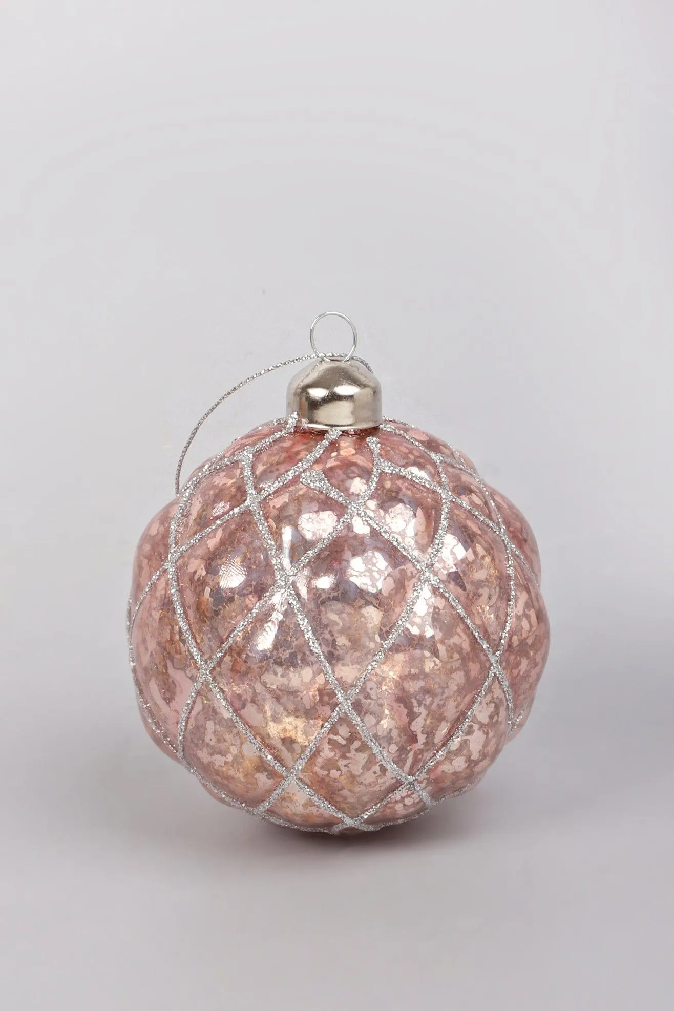Set of 4 Glass Elegant Pink Christmas Tree Baubles with Silver Glitter Patterns