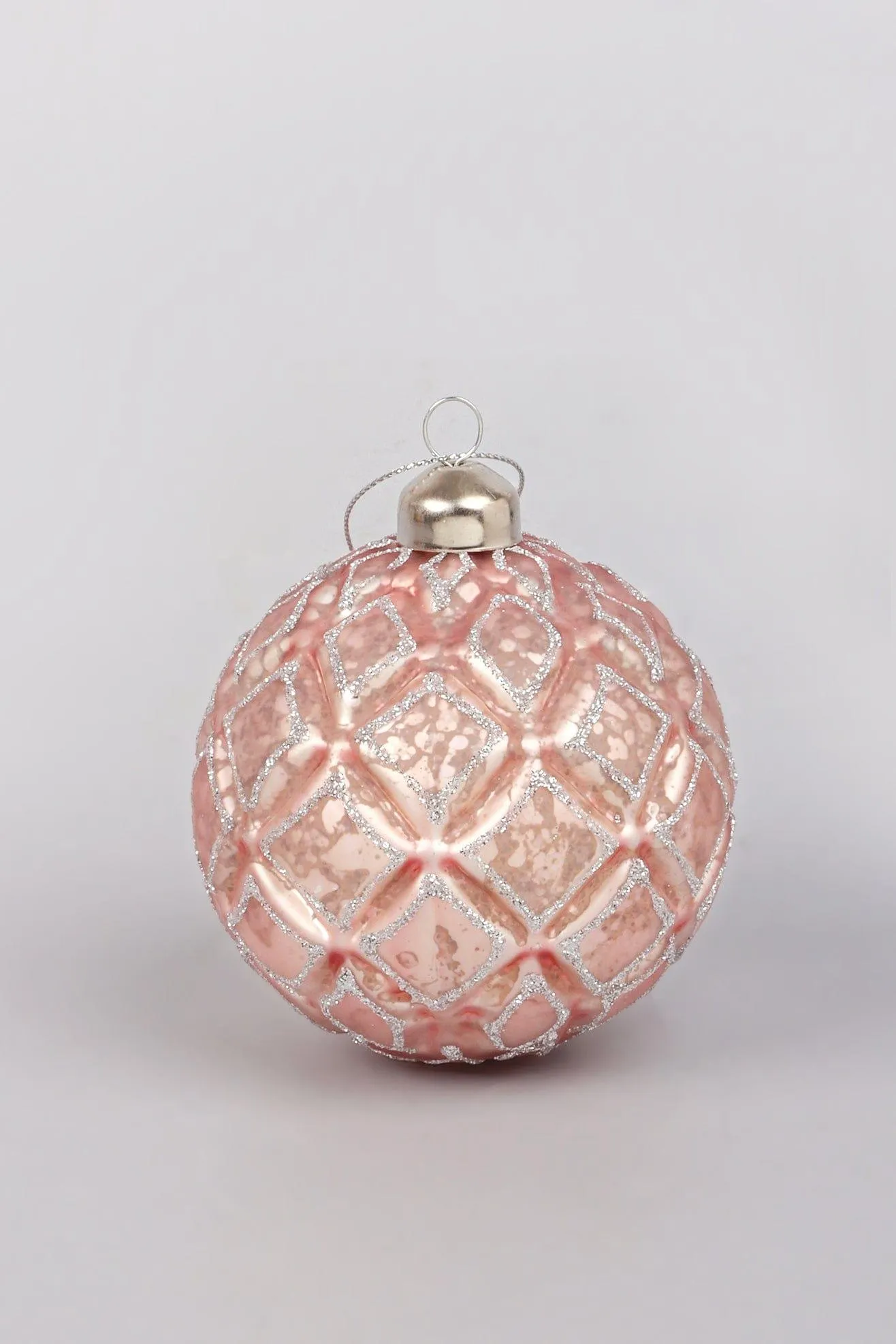 Set of 4 Glass Elegant Pink Christmas Tree Baubles with Silver Glitter Patterns