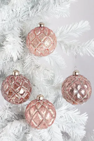 Set of 4 Glass Elegant Pink Christmas Tree Baubles with Silver Glitter Patterns