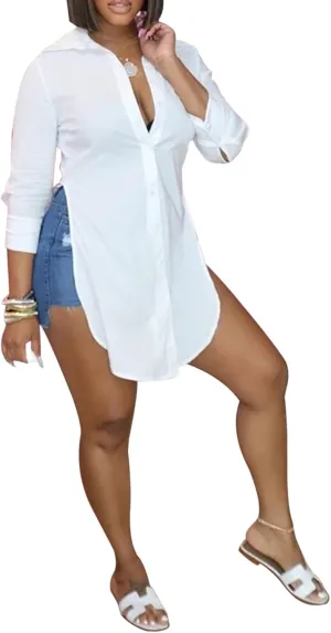 Side Slit Shirts for Women Elegant V Neck Long Sleeve Front Button Blouse Tops All White M