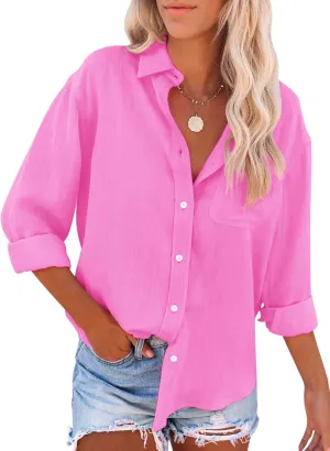 siliteelon Womens Button Down Shirts Cotton Dress Shirts Long Sleeve Blouses V Neck Solid Casual Tunics Tops with Pockets - Neon Pink 5XL