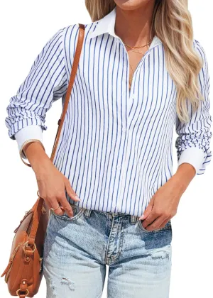 siliteelon Womens Cotton Button Down Shirts Striped Dress Shirts Pinstripes Long Sleeve Collared Blouses Colorblock Tops